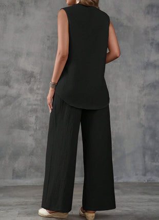 Sleeveless Textured Vest And Wide-Leg Button Front Pants Set