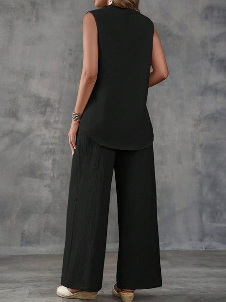 Sleeveless Textured Vest And Wide-Leg Button Front Pants Set