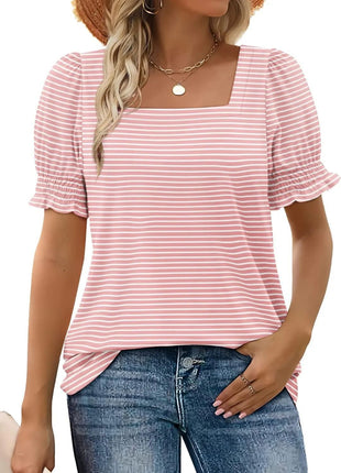 U-neck Petal Sleeve Loose Stripes T-shirt
