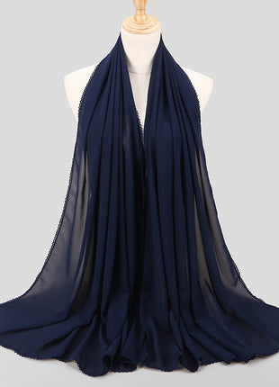 Elegant Women's Monochrome Lace Panel Pearl Chiffon Scarf