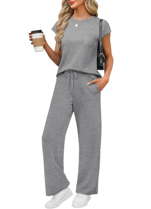 Round Neck Loose Short Sleeves Pocket Pants Casual Set