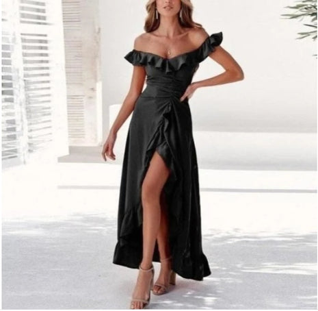 Large Sloping Shoulders with Ruffles Dress