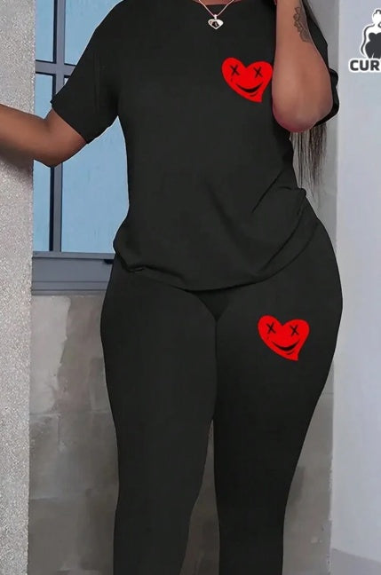 Heart Round Neck T-Shirt and Leggings Set