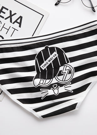 Black And White Cute Cartoon Mid Waist Sheath Breathable Underwear