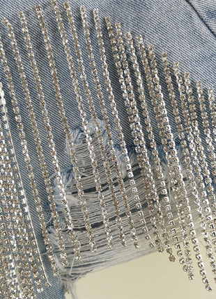 Fringed Chain Jeans High Waist Slim Beading Tide Shorts