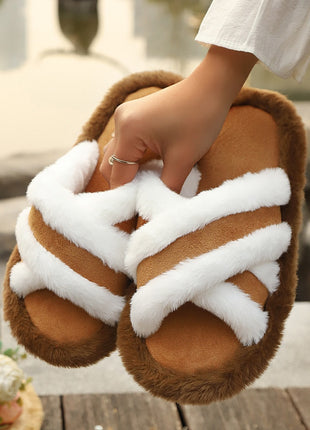 Fluffy Cross Strap Stitching Warm Slippers