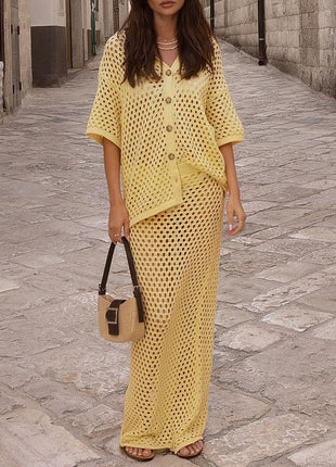 Casual Hollowed-out Fishnet Knitted Blouse & Skirt Set