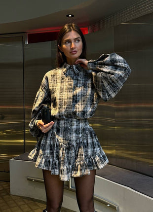 Women's Plaid Design Ruffled Suit