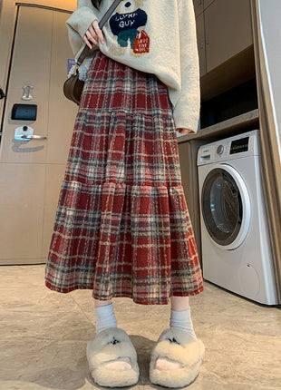 Winter Thickened Plaid Woolen High Waist Skirt