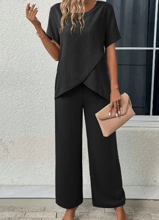 Elegant Crew Neck Short Sleeve Top And Long Pants 2pcs Set