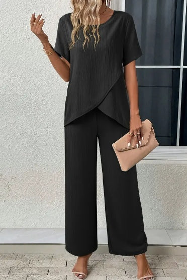 Elegant Crew Neck Short Sleeve Top And Long Pants 2pcs Set