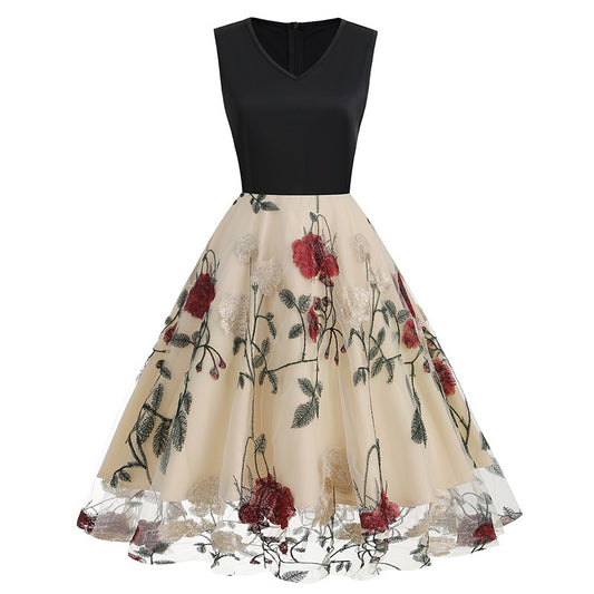 V-neck Sleeveless Mesh Peony Patchwork Dress