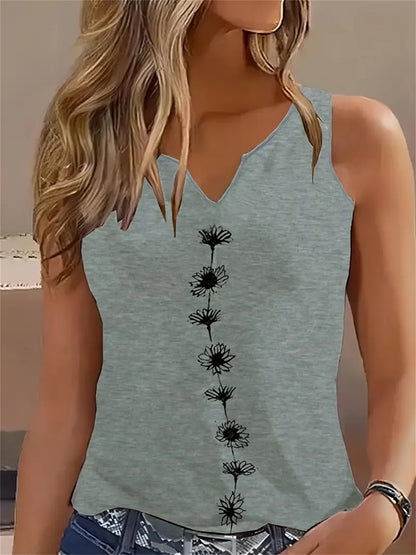 Casual Floral Print Notch Neck Sleeveless Top