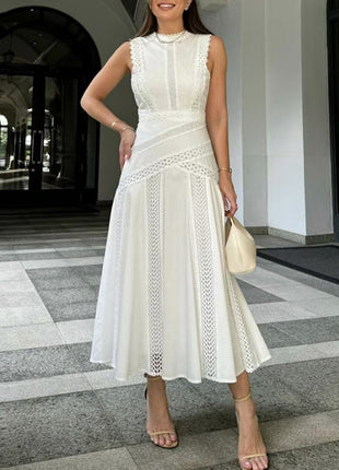 Round Neck Sleeveless Waist Lace Stitching Dress