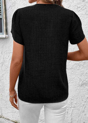 Half-open Collar Short Sleeve Shoulder Creasing Blouse