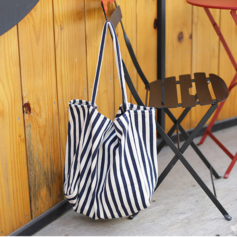 Striped Canvas Big Capacity Shoulder Handbags