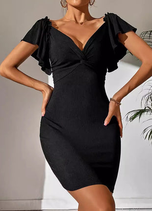 Deep V-neck Thread Sunken Stripe Dress