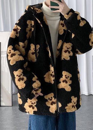 Cotton Hooded Bear Print Sweater Coat