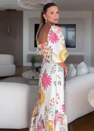 Square Collar Puff Sleeve Waist Trimming Stitching Dress