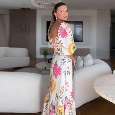 Square Collar Puff Sleeve Waist Trimming Stitching Dress