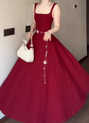 Red Slip Dress Summer French Square Collar