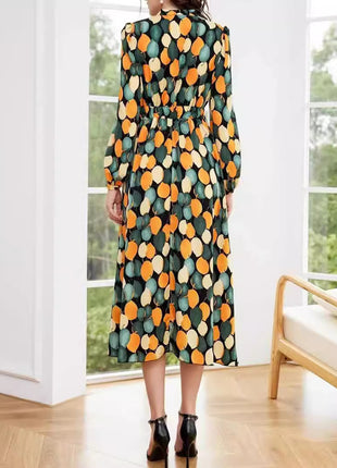 V-neck Long-sleeved Mid-skirt High Waist Button Dress