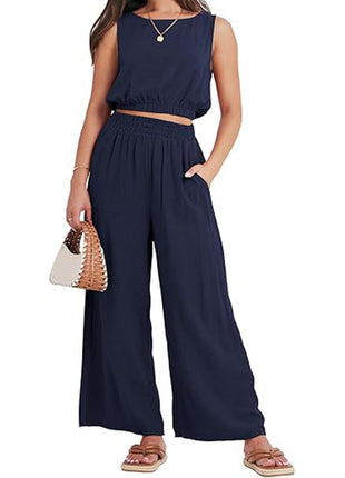 Round Neck Sleeveless Lower Hem High Waist Wide Leg Two-piece Set