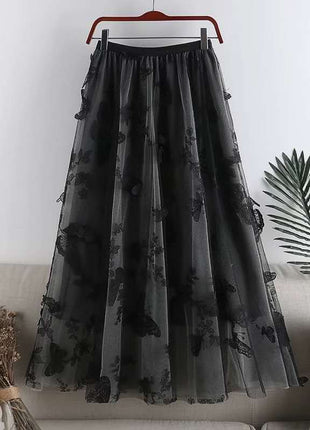 Embroidered Bow Lace Mesh Mid-length Skirt