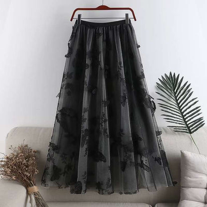 Embroidered Bow Lace Mesh Mid-length Skirt