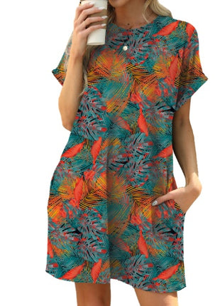 Loose Crew Neck Short Sleeve Pocket Dress