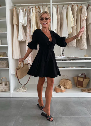 Short Sleeve Casual V-neck Sahara Plaid Dress