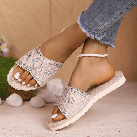 Casual Rhinestone Round Toe Canvas Flat