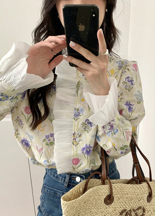 Romantic Turtleneck Patchwork Ruffled Flare Sleeve Shirt