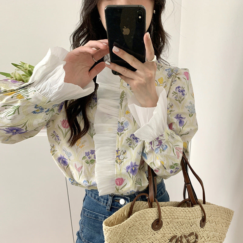 French Romantic Turtleneck Patchwork Ruffled Printing Flare Sleeve Shirt