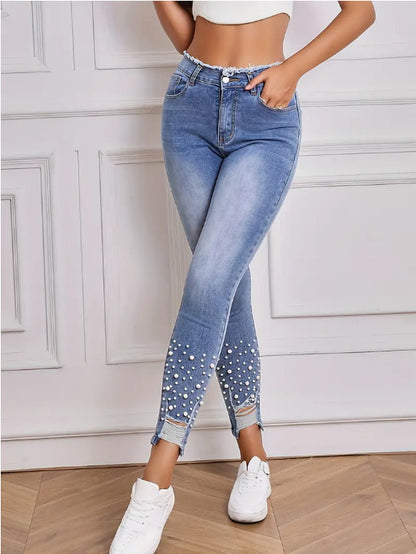 High Waist Denim Trousers Pearl Ripped Tassel