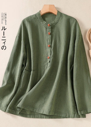 Cotton And Linen Japanese Autumn Artistic Stand-up Collar Buckle Pullover Shirt