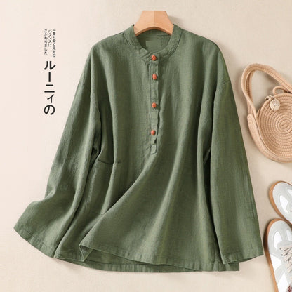 Japanese Autumn Artistic Stand-up Collar Buckle Pullover Cotton And Linen Shirt