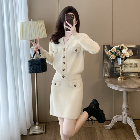 Knitted Cardigan Long Sleeve Skirt Two-piece Suit