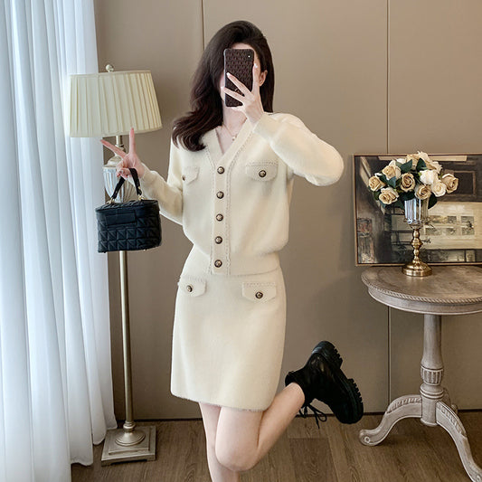 Knitted Cardigan Long Sleeve Skirt Two-piece Suit