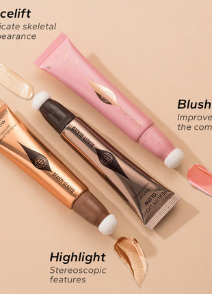 An image showcasing various beauty products including a highlighter, contour cream, and blusher. The highlighter is in a gold tube, the contour cream in a rose gold tube, and the blusher in a pink tube, each with a small sample amount applied to the skin to demonstrate the effect.