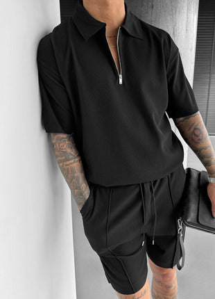 New Zipper Polo Casual Short Sleeve Drawstring Shorts Set