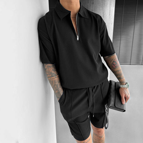 New Zipper Polo Casual Short Sleeve Drawstring Shorts Set