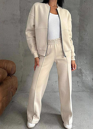 Zipper Jacket and Wide Leg Pants Set
