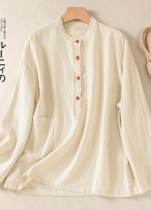 Cotton And Linen Japanese Autumn Artistic Stand-up Collar Buckle Pullover Shirt