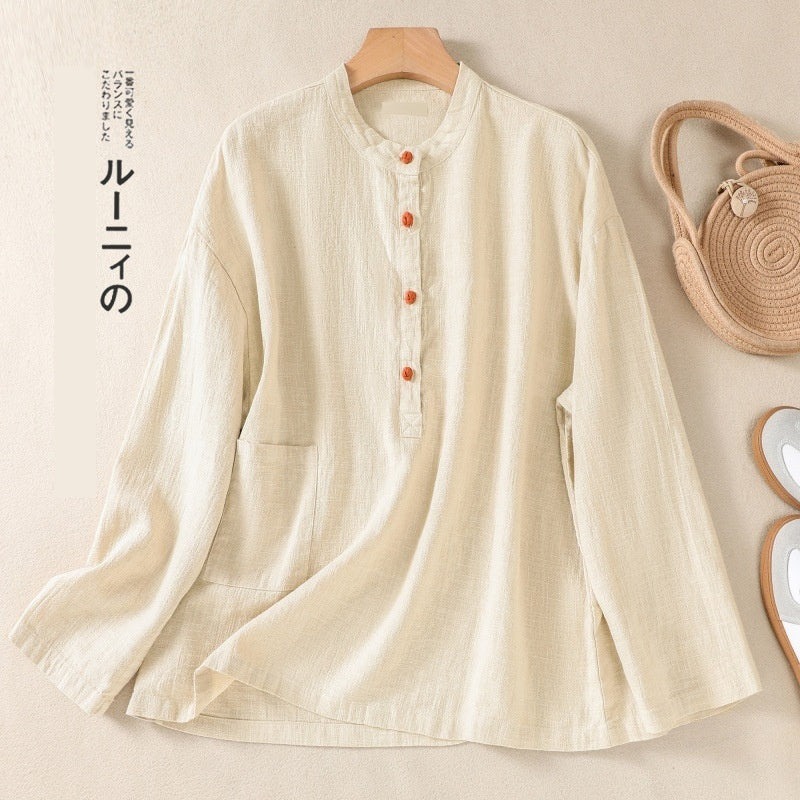 Japanese Autumn Artistic Stand-up Collar Buckle Pullover Cotton And Linen Shirt