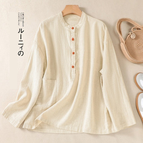 Cotton And Linen Japanese Autumn Artistic Stand-up Collar Buckle Pullover Shirt