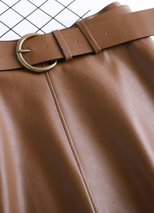 Leather A- Line High Waist Pleated Umbrella Skirt