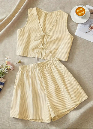 Elegant Striped Knit Tank Top And High-Waist Loose Shorts Set