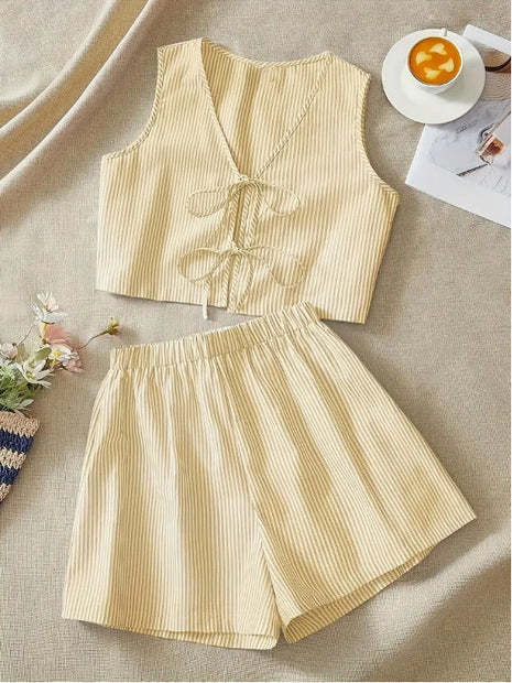 Elegant Striped Knit Tank Top And High-Waist Loose Shorts Set