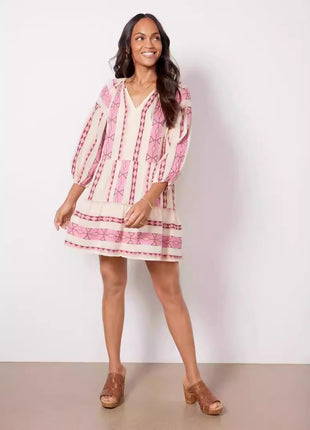 Sleeve V-neck Striped Printed A- Line Skirt Dress